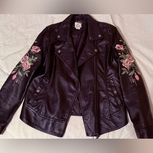 Jou Jou Black Faux Leather Jacket with Pink Floral Embroidery